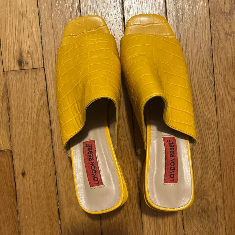 Yellow Faux Alligator Heeled Mules